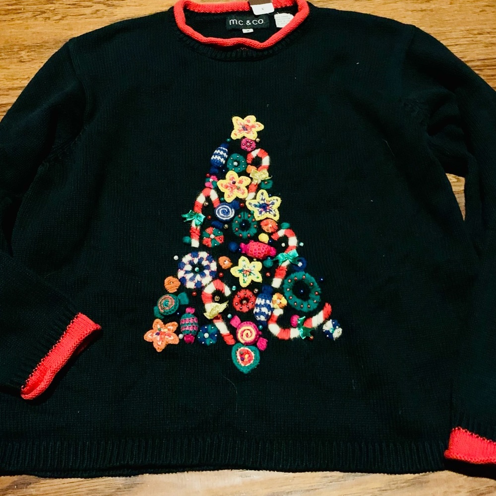 Vintage Women’s “Ugly” Christmas Sweater Candy Embroidered Tree Black Women's